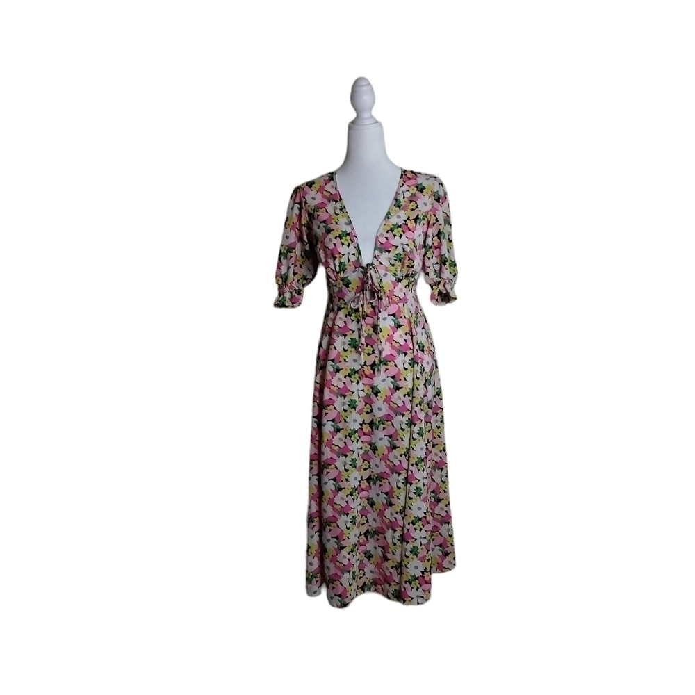 Asos Women's Black Pink Green Yellow Floral Print Short Midi Dress. Size…
